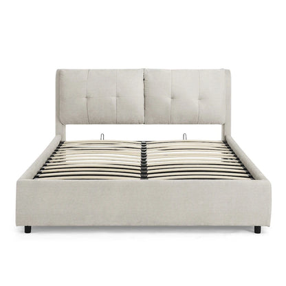 Lit plateforme capitonné Queen avec rangement et tête de lit – Beige/Gris, 2 personnes