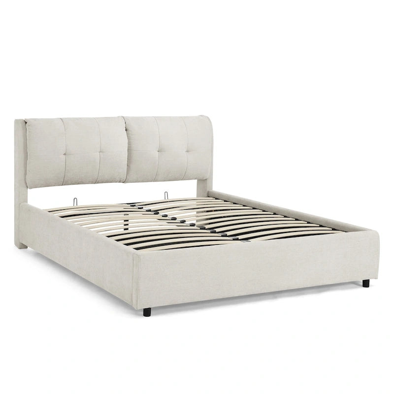 Lit plateforme capitonné Queen avec rangement et tête de lit – Beige/Gris, 2 personnes