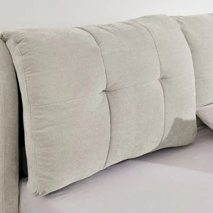 Lit plateforme capitonné Queen avec rangement et tête de lit – Beige/Gris, 2 personnes
