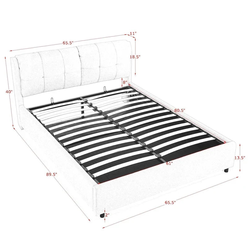 Lit plateforme capitonné Queen avec rangement et tête de lit – Beige/Gris, 2 personnes