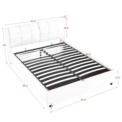 Lit plateforme capitonné Queen avec rangement et tête de lit – Beige/Gris, 2 personnes