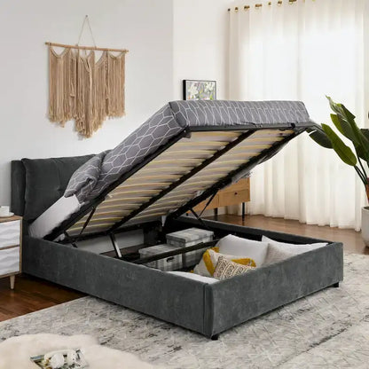 Lit plateforme capitonné Queen avec rangement et tête de lit – Beige/Gris, 2 personnes