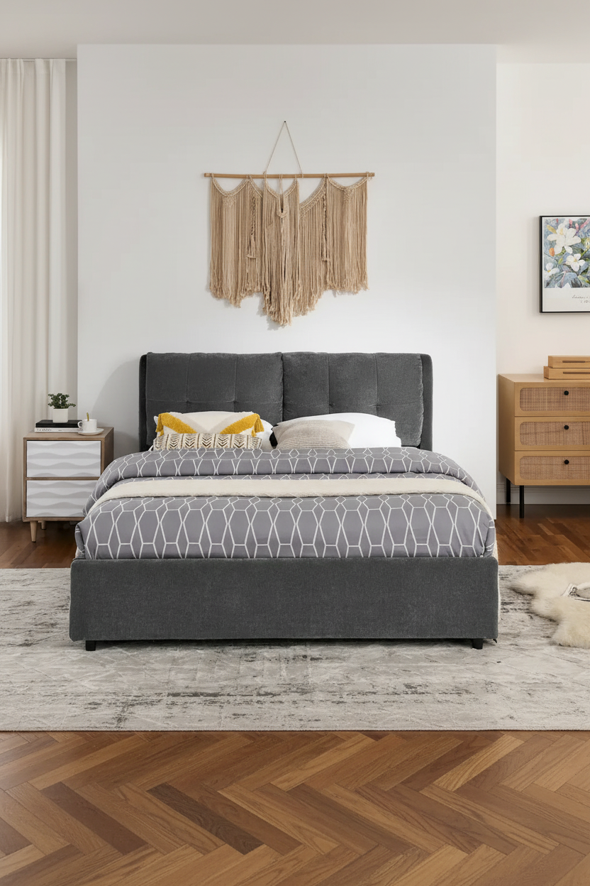 Lit plateforme capitonné Queen avec rangement et tête de lit – Beige/Gris, 2 personnes