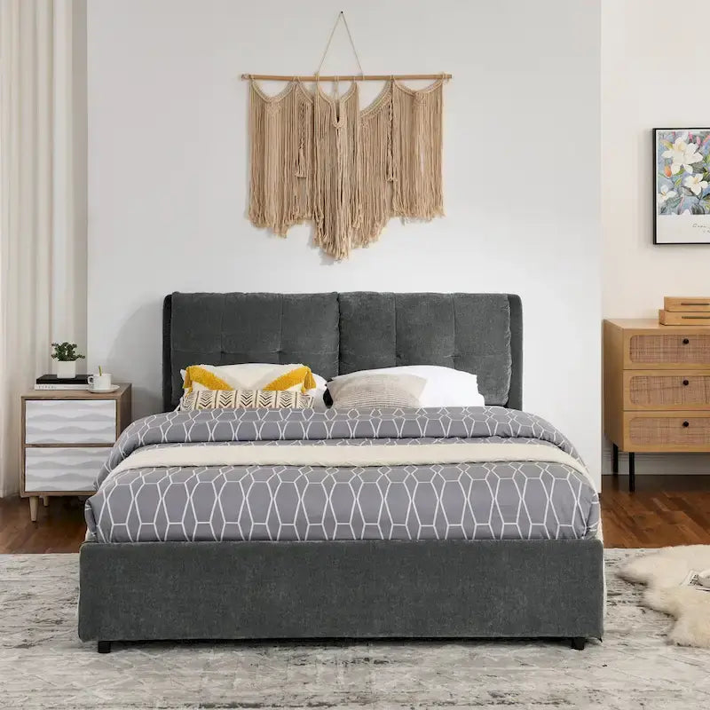 Lit plateforme capitonné Queen avec rangement et tête de lit – Beige/Gris, 2 personnes