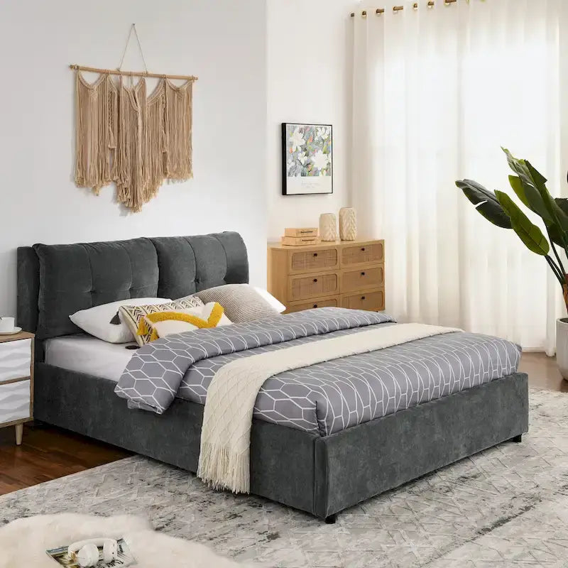 Lit plateforme capitonné Queen avec rangement et tête de lit – Beige/Gris, 2 personnes