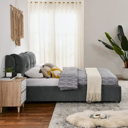 Lit plateforme capitonné Queen avec rangement et tête de lit – Beige/Gris, 2 personnes