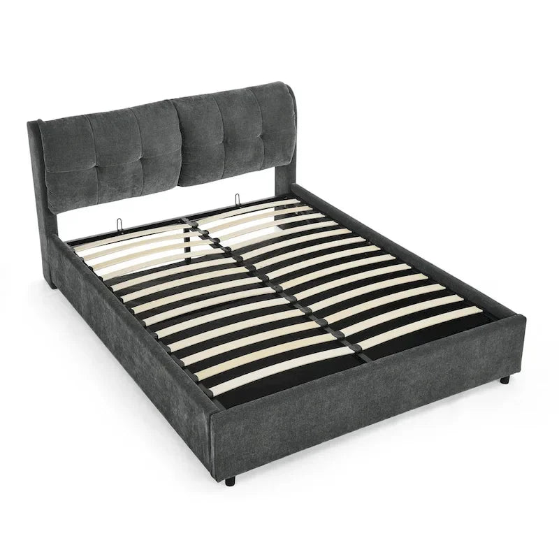 Lit plateforme capitonné Queen avec rangement et tête de lit – Beige/Gris, 2 personnes