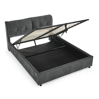 Lit plateforme capitonné Queen avec rangement et tête de lit – Beige/Gris, 2 personnes