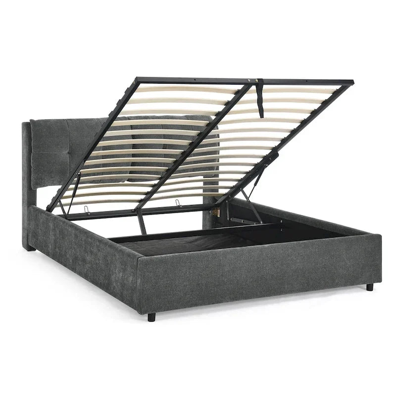 Lit plateforme capitonné Queen avec rangement et tête de lit – Beige/Gris, 2 personnes