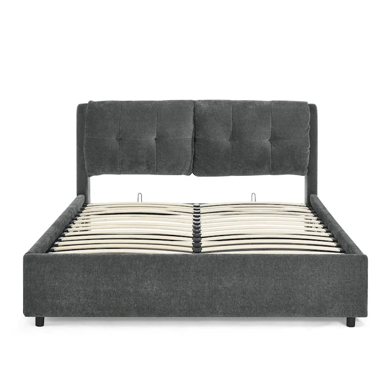Lit plateforme capitonné Queen avec rangement et tête de lit – Beige/Gris, 2 personnes