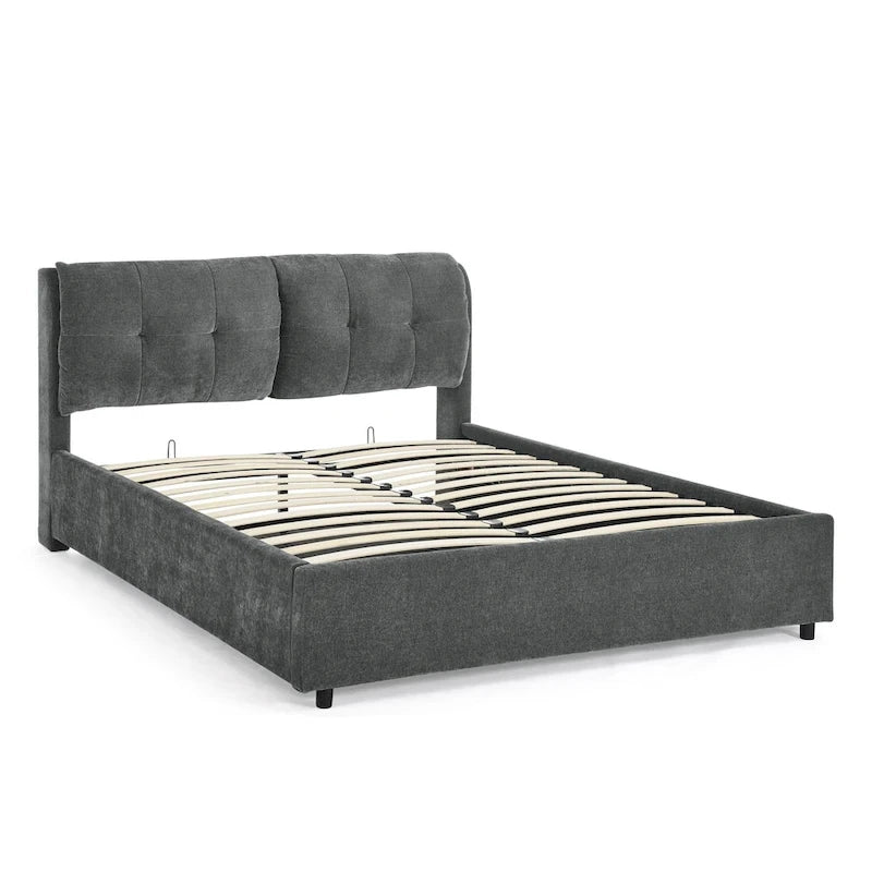 Lit plateforme capitonné Queen avec rangement et tête de lit – Beige/Gris, 2 personnes