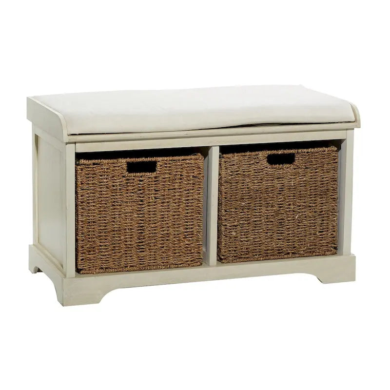 Banc de rangement en bois blanc avec paniers en jonc de mer marron et coussin d'assise – Siège simple, 86,4 cm (L) × 40,6 cm (l) × 50,8 cm (H)