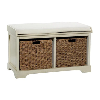 Banc de rangement en bois blanc avec paniers en jonc de mer marron et coussin d'assise – Siège simple, 86,4 cm (L) × 40,6 cm (l) × 50,8 cm (H)