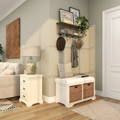 Banc de rangement en bois blanc avec paniers en jonc de mer marron et coussin d'assise – Siège simple, 86,4 cm (L) × 40,6 cm (l) × 50,8 cm (H)