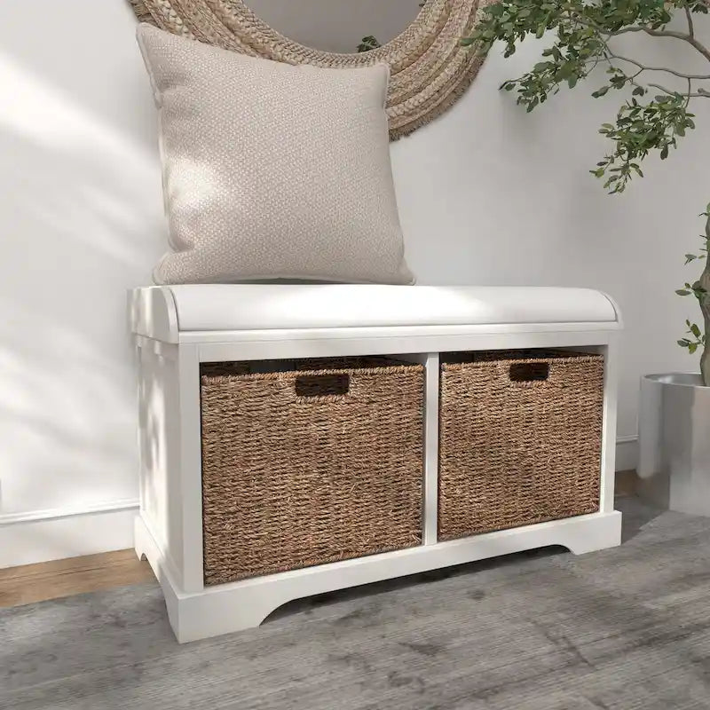 Banc de rangement en bois blanc avec paniers en jonc de mer marron et coussin d'assise – Siège simple, 86,4 cm (L) × 40,6 cm (l) × 50,8 cm (H)