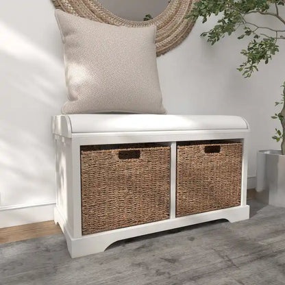 Banc de rangement en bois blanc avec paniers en jonc de mer marron et coussin d'assise – Siège simple, 86,4 cm (L) × 40,6 cm (l) × 50,8 cm (H)