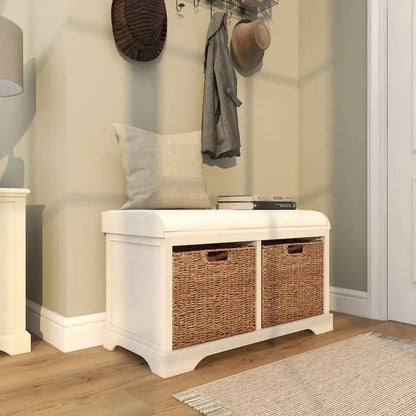 Banc de rangement en bois blanc avec paniers en jonc de mer marron et coussin d'assise – Siège simple, 86,4 cm (L) × 40,6 cm (l) × 50,8 cm (H)