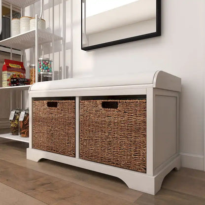 Banc de rangement en bois blanc avec paniers en jonc de mer marron et coussin d'assise – Siège simple, 86,4 cm (L) × 40,6 cm (l) × 50,8 cm (H)