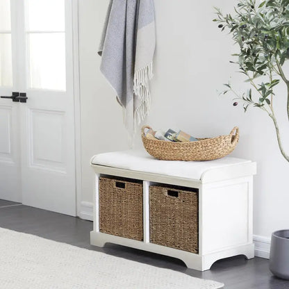 Banc de rangement en bois blanc avec paniers en jonc de mer marron et coussin d'assise – Siège simple, 86,4 cm (L) × 40,6 cm (l) × 50,8 cm (H)