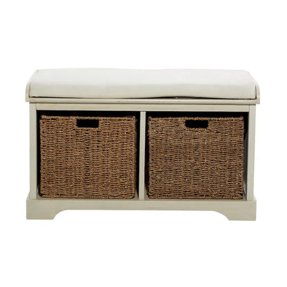 Banc de rangement en bois blanc avec paniers en jonc de mer marron et coussin d'assise – Siège simple, 86,4 cm (L) × 40,6 cm (l) × 50,8 cm (H)