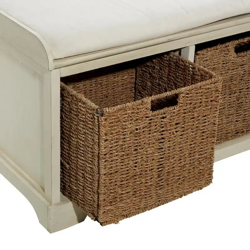 Banc de rangement en bois blanc avec paniers en jonc de mer marron et coussin d'assise – Siège simple, 86,4 cm (L) × 40,6 cm (l) × 50,8 cm (H)