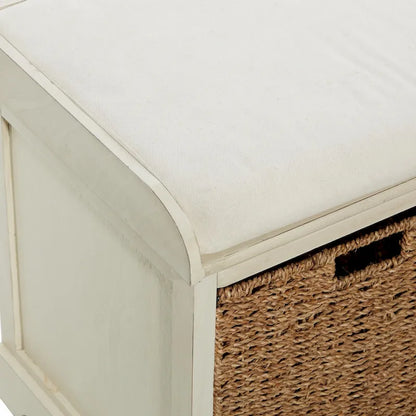 Banc de rangement en bois blanc avec paniers en jonc de mer marron et coussin d'assise – Siège simple, 86,4 cm (L) × 40,6 cm (l) × 50,8 cm (H)