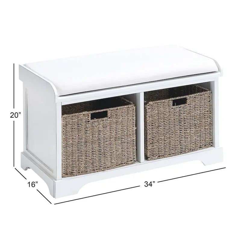 Banc de rangement en bois blanc avec paniers en jonc de mer marron et coussin d'assise – Siège simple, 86,4 cm (L) × 40,6 cm (l) × 50,8 cm (H)