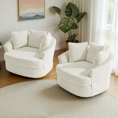 Lot de 2 fauteuils pivotants ronds surdimensionnés en velours côtelé moelleux de 43 po de large avec oreillers
