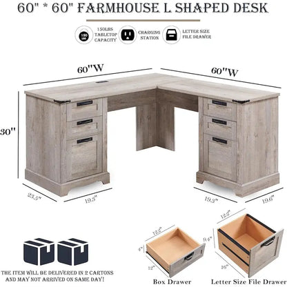Bureau d'angle exécutif en forme de L 60 Farmhouse, bureau d'angle en bois, bureau d'ordinateur