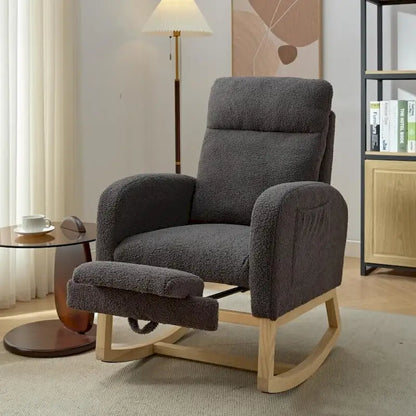 Fauteuil à bascule rembourré moderne de 75 cm de hauteur avec dossier haut, pieds en bois massif et repose-pieds réglable