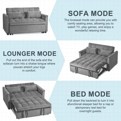 Causeuse futon moderne en velours avec dossier inclinable et poches, 2 places — Gris foncé / Gris clair / Bleu / Noir