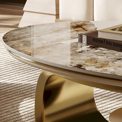 Table basse ovale moderne Pandora 51 avec plateau en pierre frittée brillante, table basse de luxe, pieds en acier inoxydable pour salon
