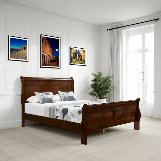 Lit traîneau Queen Gage Traditional, cadre en bois, finition cerise riche marron
