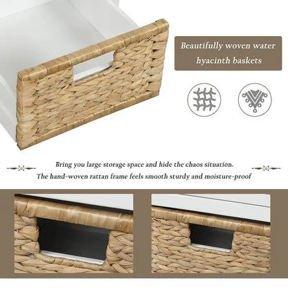 Banc de rangement rustique avec 3 tiroirs et 3 paniers en rotin, banc à chaussures pour salon, entrée