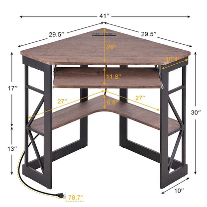 Bureau d'Angle Petit Bureau avec Prises, Table d'Angle pour Petit Espace, Bureau d'Ordinateur avec Ports USB, Bureau Triangle avec Rangement