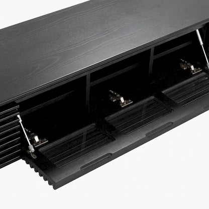Meuble TV minimaliste avec tiroirsConsole multimédia en bois massif avec placards, porte abattante, placage noyer, entièrement assemblé