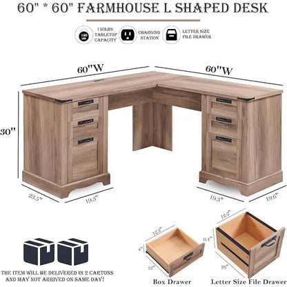 Bureau d'angle exécutif en forme de L 60 Farmhouse, bureau d'angle en bois, bureau d'ordinateur