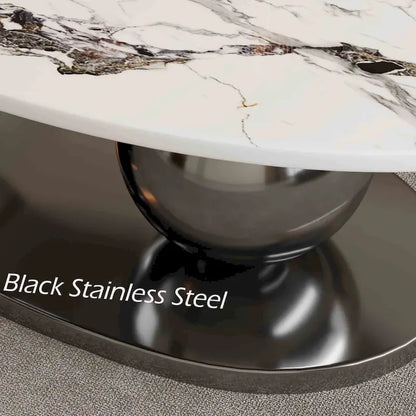 Table basse ovale moderne Pandora 51 avec plateau en pierre frittée brillante, table basse de luxe, pieds en acier inoxydable pour salon