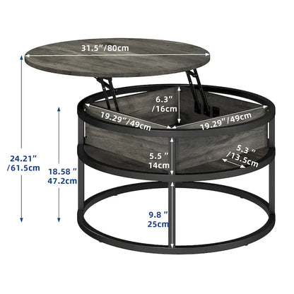 Table basse ronde relevable Moasis Farmhouse avec rangement dissimulé et étagère