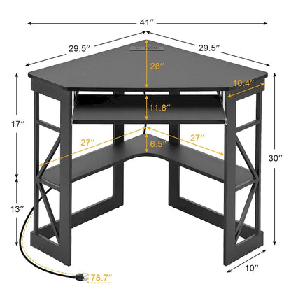 Bureau d'Angle Petit Bureau avec Prises, Table d'Angle pour Petit Espace, Bureau d'Ordinateur avec Ports USB, Bureau Triangle avec Rangement