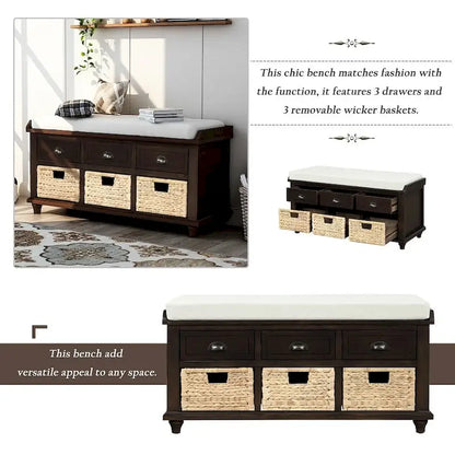 Banc de rangement rustique avec 3 tiroirs et 3 paniers en rotin, banc à chaussures pour salon, entrée