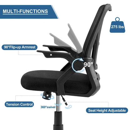 Javlergo Chaise de Bureau Dossier Mi-Hauteur Pivotante avec Support Lombaire, Fauteuil de Bureau Ergonomique en Maille avec Accoudoirs