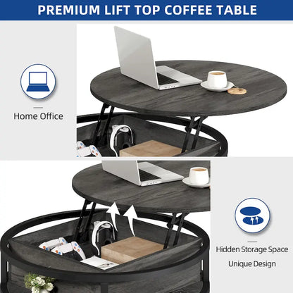 Table basse ronde relevable Moasis Farmhouse avec rangement dissimulé et étagère