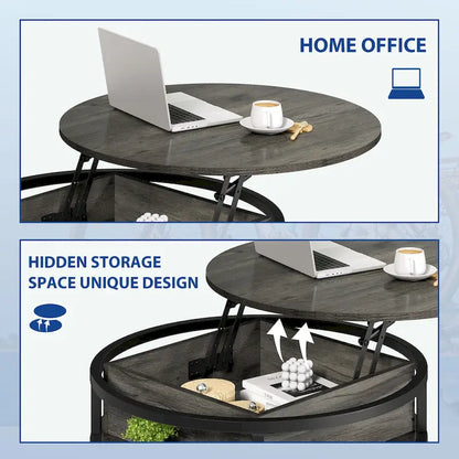 Table basse ronde relevable Moasis Farmhouse avec rangement dissimulé et étagère