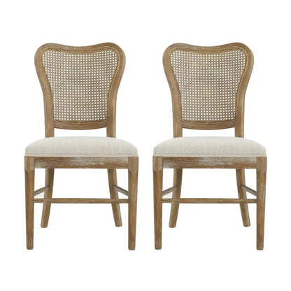 Chaises de salle à manger en bois d'hévéa de style fermier avec dossier en rotin (deux chaises par ensemble).