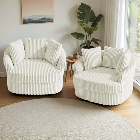 Lot de 2 fauteuils pivotants ronds surdimensionnés en velours côtelé moelleux de 43 po de large avec oreillers