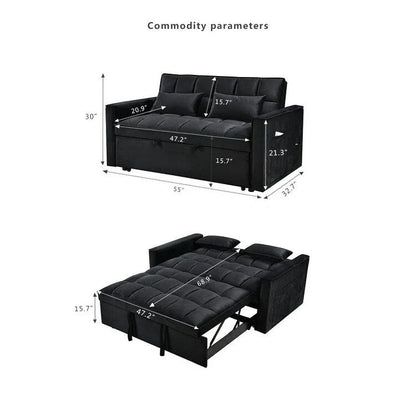 Causeuse futon moderne en velours avec dossier inclinable et poches, 2 places — Gris foncé / Gris clair / Bleu / Noir